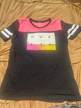 Hurley Black Tee with Pink Yoke and Gradient Logo
